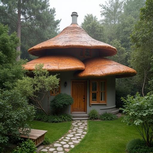 House with a mushroom roof seen from a top down 90 degree angle above.