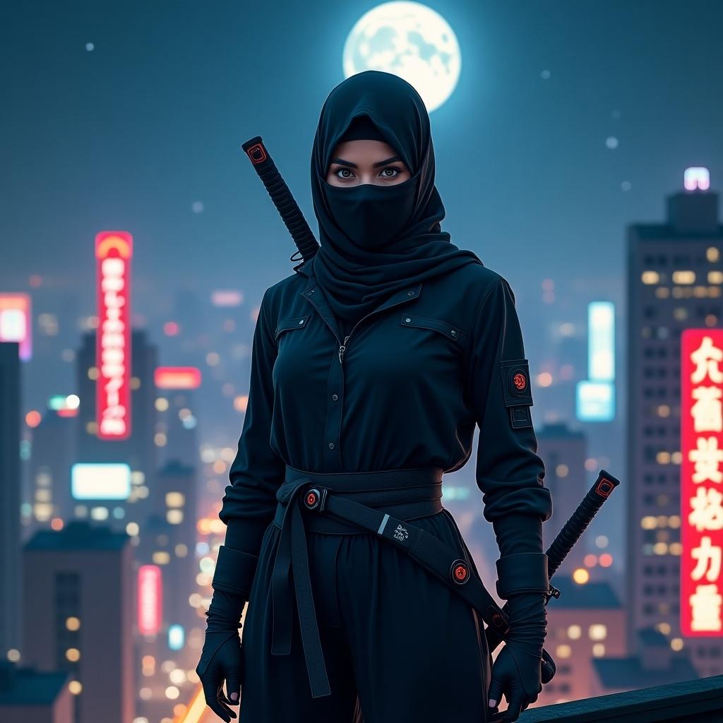 Realistic depiction of female ninja wearing hijab in tactical suit. Confidently stands on rooftop of modern Japanese city at night. Holding katana in one hand. Neon cityscape with bright starry sky and moonlight highlighting clothing. Dramatic atmosphere blending modern action with culture. Shot from side perspective.