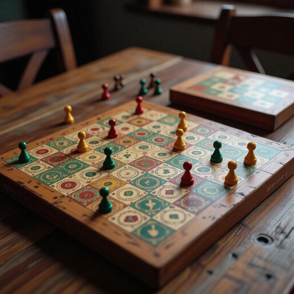 Image of a colorful board game on a wooden table. Game pieces are scattered over the board which features intricate designs. The setting suggests a cozy indoor environment with natural light.