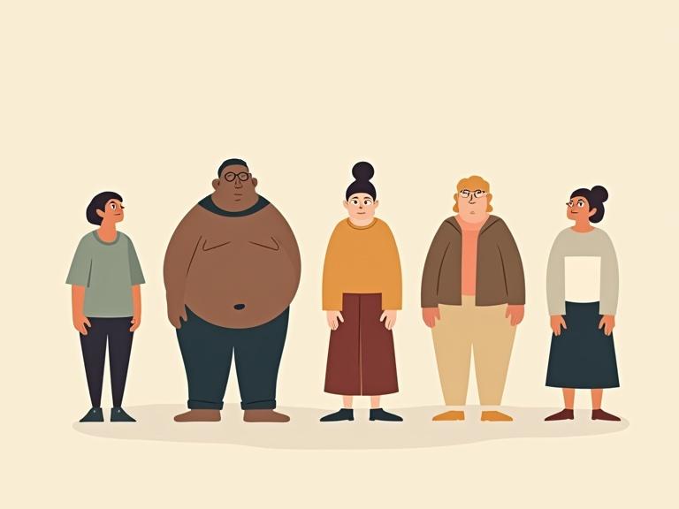 Minimalist flat vector illustration features diverse human characters. Exaggerated body types include chubby, slim, and rounded silhouettes. Characters wear simplified everyday clothing in neutral and muted colors. The style is playful, with clean shapes and sharp color blocking.