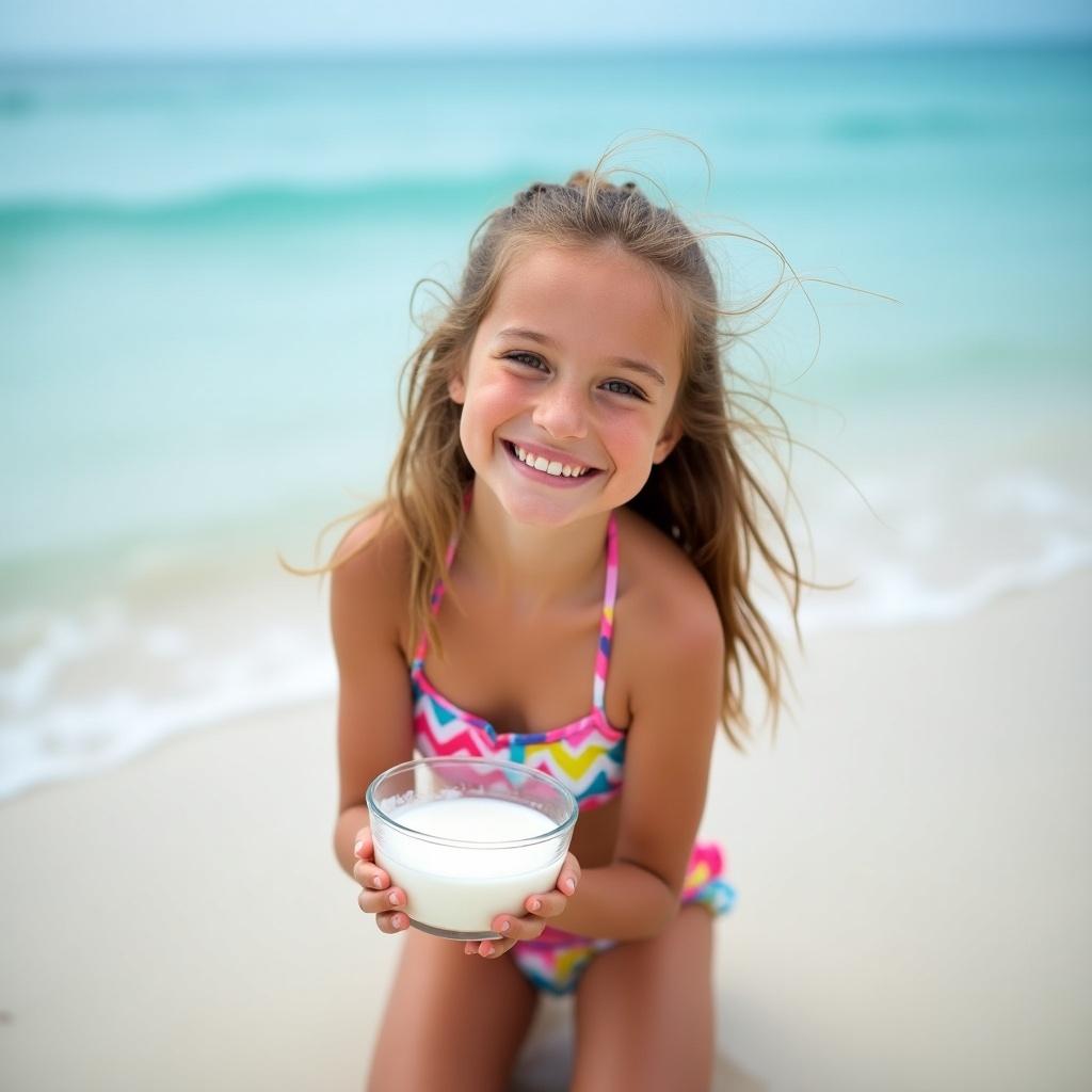 Girl kneeling on the beach in a bikini holding a glass milk bowl. Natural setting with ocean backdrop.