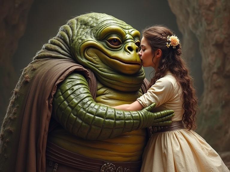 Jabba The Hutt character with a humanoid female in a fantasy setting. Embrace and kiss between them. Soft atmosphere with gentle lighting. A unique twist on classical characters.