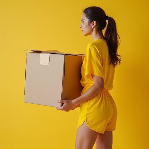 A young woman lifts a heavy box while wearing a bright yellow summer outfit. The background is a vibrant yellow color. The woman has an athletic build and poses confidently. She is engaged in a task related to moving or packing.