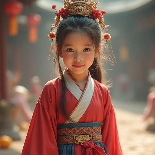 A young girl in traditional Han Chinese clothing. She wears a beautiful Qi胸襦裙. The scene captures a soft and elegant expression. Background is a warm, culturally rich setting.