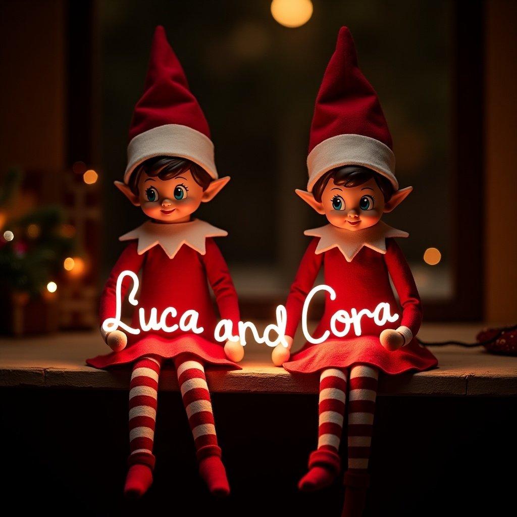 Image features boy elf and girl elf on shelf wearing red and white. They hold a glow stick forming the name 'Luca and Cora' in bright light. Background is dark, enhancing the glow. The scene captures Christmas magic and joy.