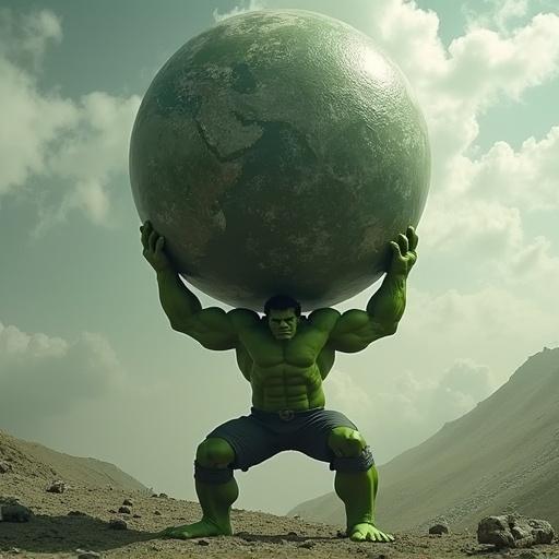 Hulk holding a big planet overhead. One knee on ground. Hulk pinned down by weight. Planet oversized and out of frame.