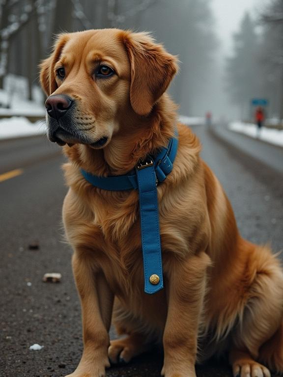 Golden retriever dog sitting on a foggy road. Snow partially covering ground. Dog wearing blue harness. Background features trees and people walking.