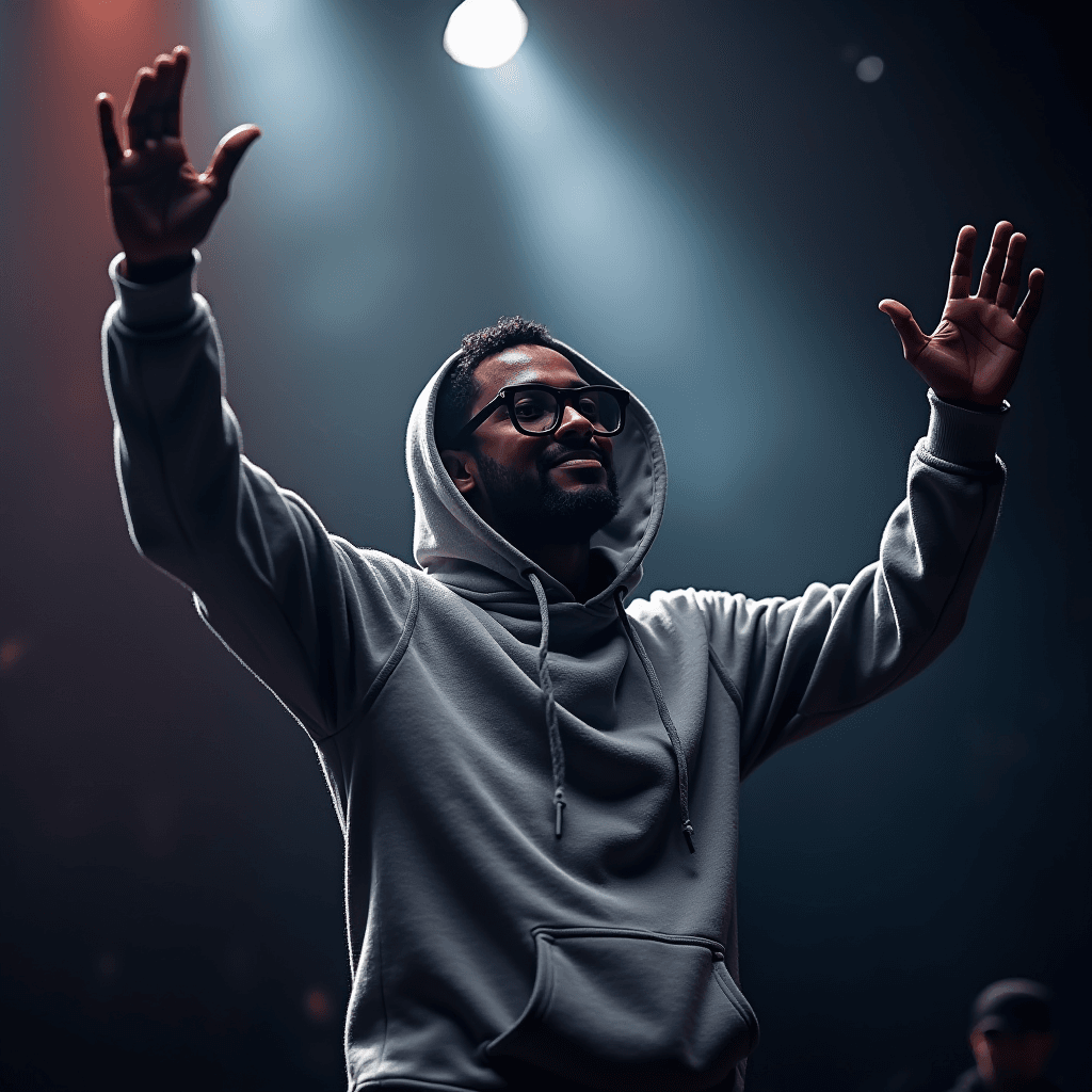 A person in a gray hoodie joyfully raises their hands under dramatic stage lighting, creating a dynamic and energetic atmosphere.