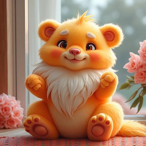 A cute and fluffy creature with bright orange fur and a friendly expression. The character has a big smile, round eyes, and a fluffy white beard. Background features soft flowers and a cozy window setting.