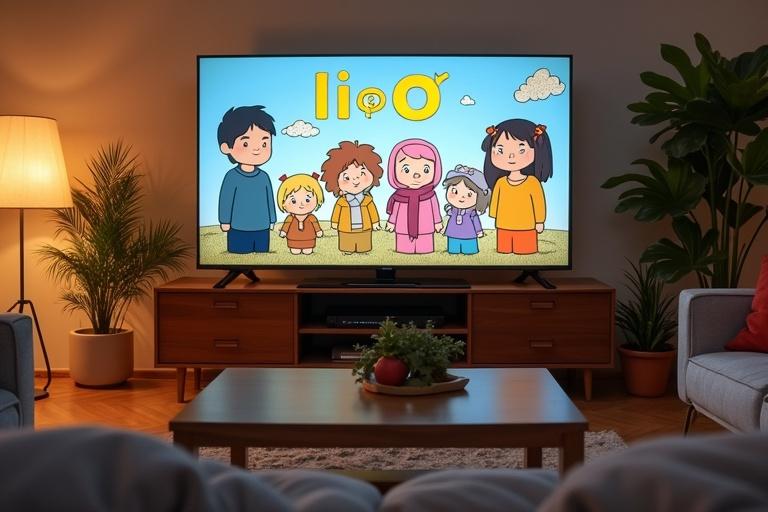 Display animated characters on television. Modern living room features cozy couch and coffee table. Include house plants and warm lighting.