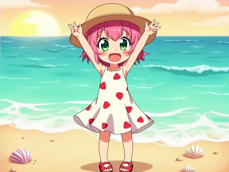 Anya Forger is celebrating joyfully at the beach. She wears a white sleeveless sundress with red strawberry patterns and red sandals. Her pink hair is slightly windswept. The background shows turquoise waves and seashells at sunset. The artwork is vibrant and childlike, with clean lines and cel-shading.