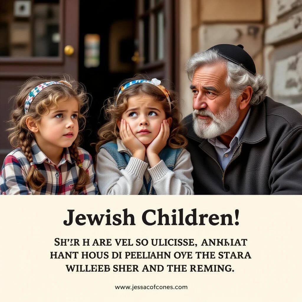 Image depicts two Jewish children expressing nerves and anger while seated beside an adult. Children wear traditional attire and accessories. Warm atmosphere created by natural lighting.