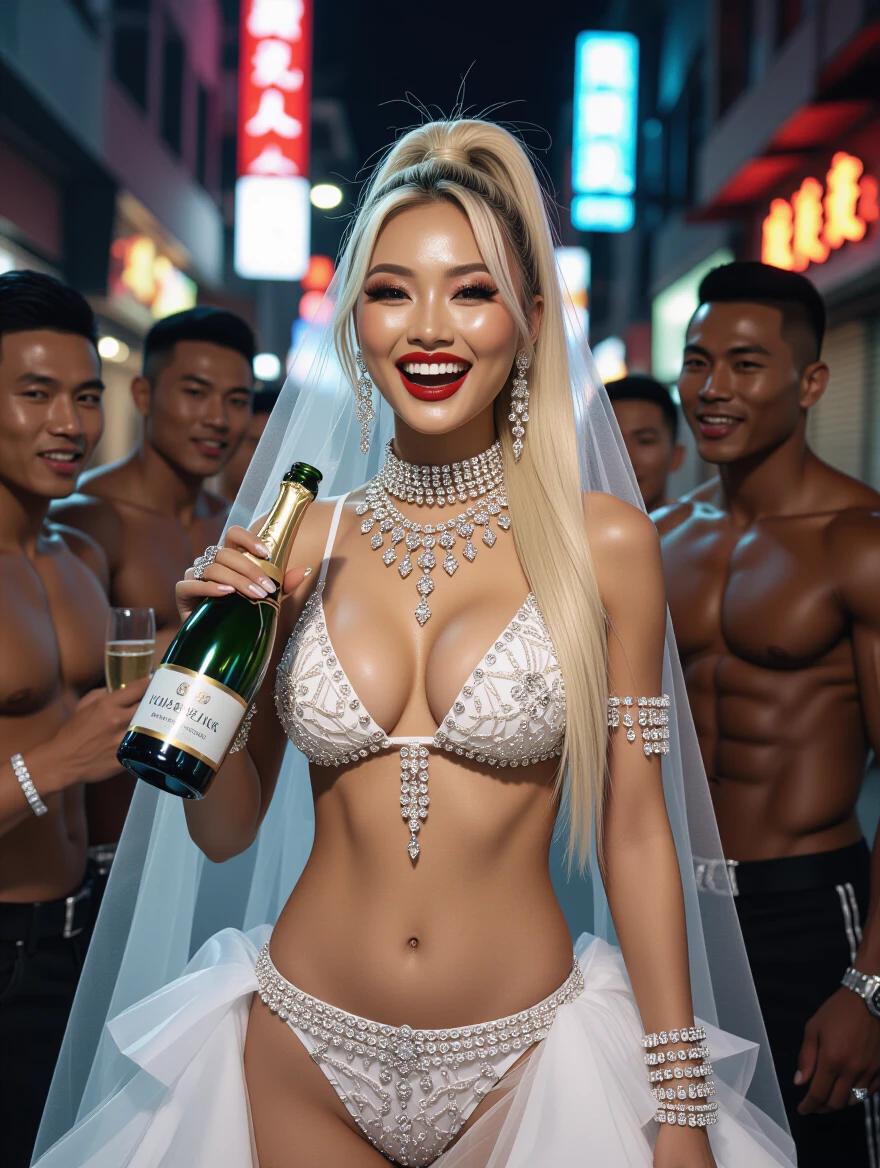 Stunning Asian model dons an edgy wedding bikini on a narrow cyberpunk night street. She has a high blonde ponytail and wears heavy crystal jewelry and a veil. Bright makeup enhances her features. She smiles with her mouth open while drinking champagne. The model poses confidently with a group of muscular friends nearby.