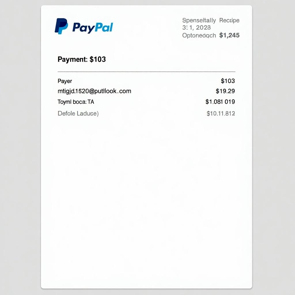 Image of a PayPal payment receipt displaying a payment of 103 dollars to an email address. Document has PayPal branding, transaction details, and clean layout suitable for online payments.