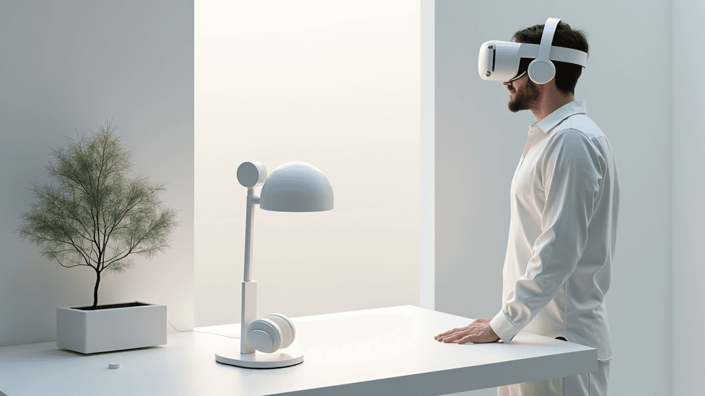 A man wearing a virtual reality headset stands by a minimalist white desk with a modern lamp and a small potted tree.