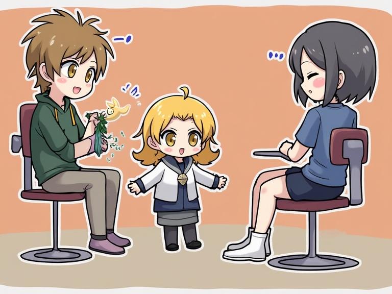 Chibi characters having fun together during a festival. One character dances while another enjoys food. The setting is colorful and lively, with a focus on joy and connection.