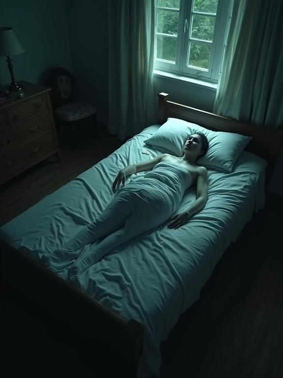 Dimly lit bedroom from high angle, person lying in bed covered in sheets, unusual body shape, unsettling atmosphere, dreamlike horror scene
