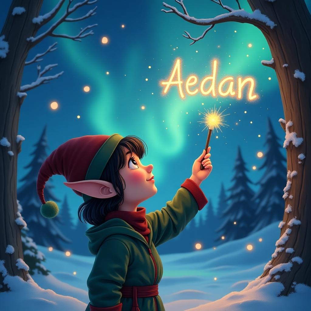 This illustration features an elf character with light skin and dark hair wearing a festive hat. The elf is gazing up into the night sky, captivated by the enchanting aurora filled with vibrant colors. In one hand, the elf holds a sparkling wand and creates the name 'Aedan' in shimmering light. The setting is designed to evoke a cozy winter night, inviting viewers into a whimsical world. Soft lighting enhances the magical feel of the scene, celebrating the joy of the holidays.