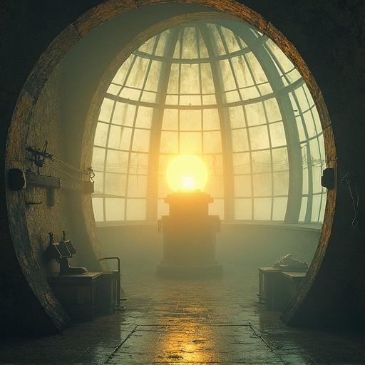 Inside a weathered lighthouse glass dome. Central lamp pulses with light. Rays refract through fog. Old levers and wires silhouetted. Watercolor style. Atmosphere is hauntingly beautiful.