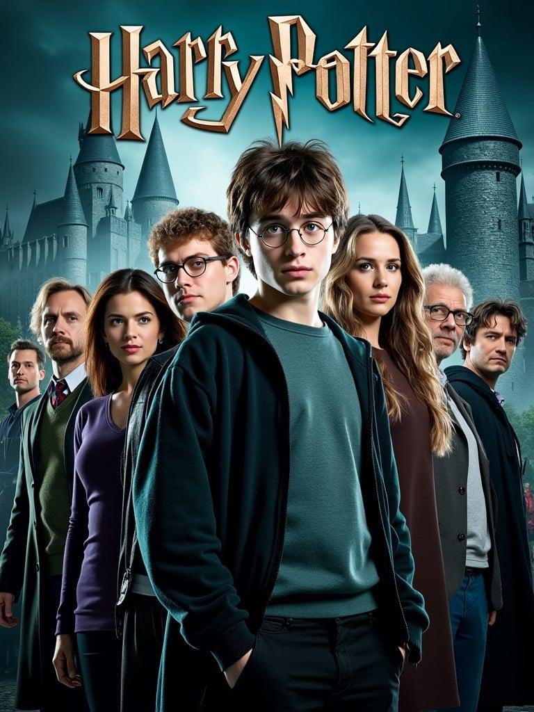 DVD cover features key characters from the Harry Potter series. Central figure represents Harry Potter. Hogwarts castle is the backdrop. Elements of magic and fantasy are present. Characters are depicted in a group standing formation. Dark and dramatic lighting sets the tone.