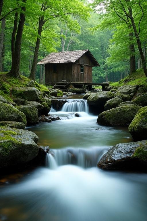 Woodland stream flows between moss-covered rocks. Lush greenery surrounds a rustic wooden building. Gentle waterfall cascades over a wooden dam. Natural lighting creates a peaceful scene. Photorealistic landscape with detailed textures.