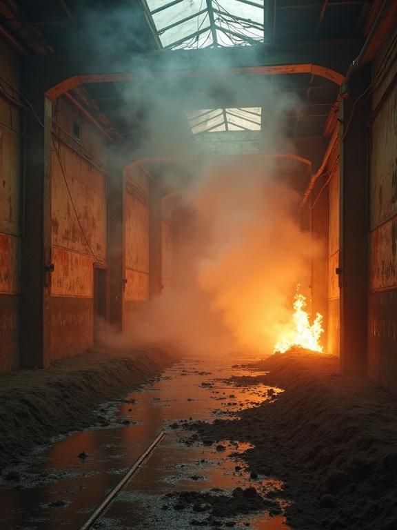 Photorealistic image of a dilapidated warehouse filled with dust and thick smoke. Fire burns brightly at the end of the corridor. Neon light flickers creating shadows. Low angle shot with motion blur adds depth. Tense and gritty atmosphere creates an intense mood.