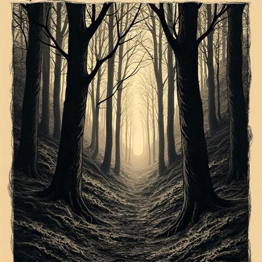 A hand-drawn image depicting a dark forest. The forest features strong black lines against a beige background. An illuminated path extends through the trees. Inspired by woodcut and etching styles. The two colors used are black and beige.