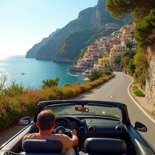 Man drives a convertible car arriving in Positano seen from the back