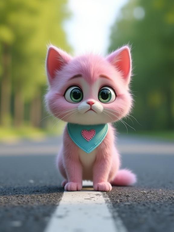 Fluffy anthropomorphic kitten has pastel pink and lavender fur and a creamy white belly. Kitten is on an asphalt road with a white center line. The large expressive green eyes and oversized Pixar-style head create cuteness. Kitten wears a light blue bandana with a stitched pink heart. Expression appears surprised and worried. Green trees blur the background. Soft natural light enhances the scene.