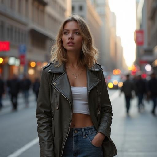 A confident young woman stands on a busy city street. She wears a stylish leather jacket and casual top. The background is urban with blurred city life. She has a relaxed, stylish pose.