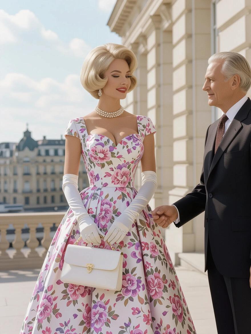 Stunning portrait of a 1960s woman with a voluminous platinum blonde short hairstyle. She wears a classic lavender floral dress, pearl necklace, and diamond earrings. Holding a white purse in a dress boutique.