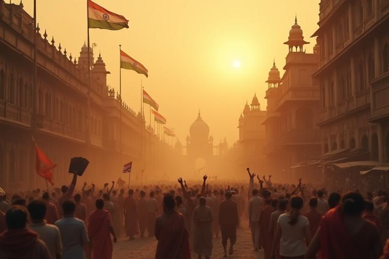 Cinematic view of India's independence in 1947. Flags from colonial buildings. Crowds cheering in traditional outfits. Dusty streets filled with joy. Golden sunrise. Realistic lighting.