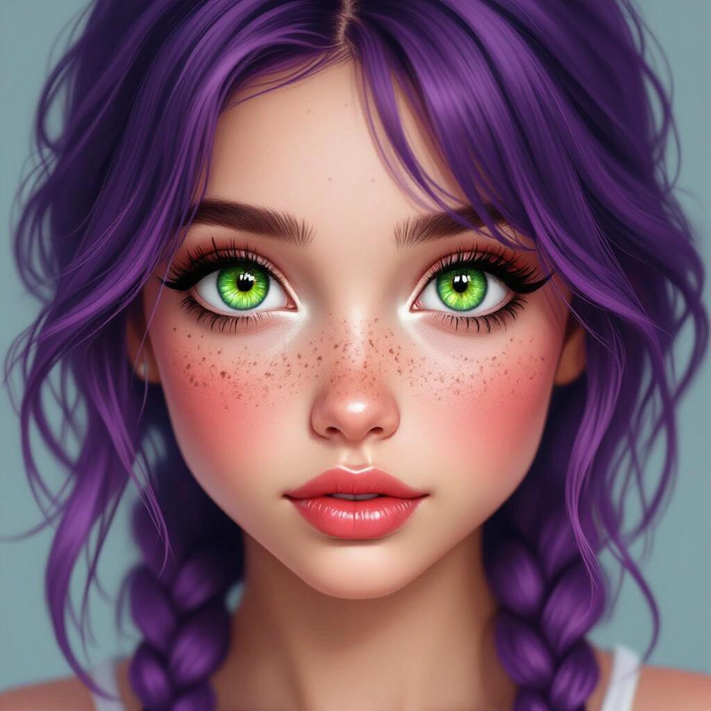 Close-up photograph featuring a girl with big sparkling green eyes purple hair and freckles. The girl has striking red skin.