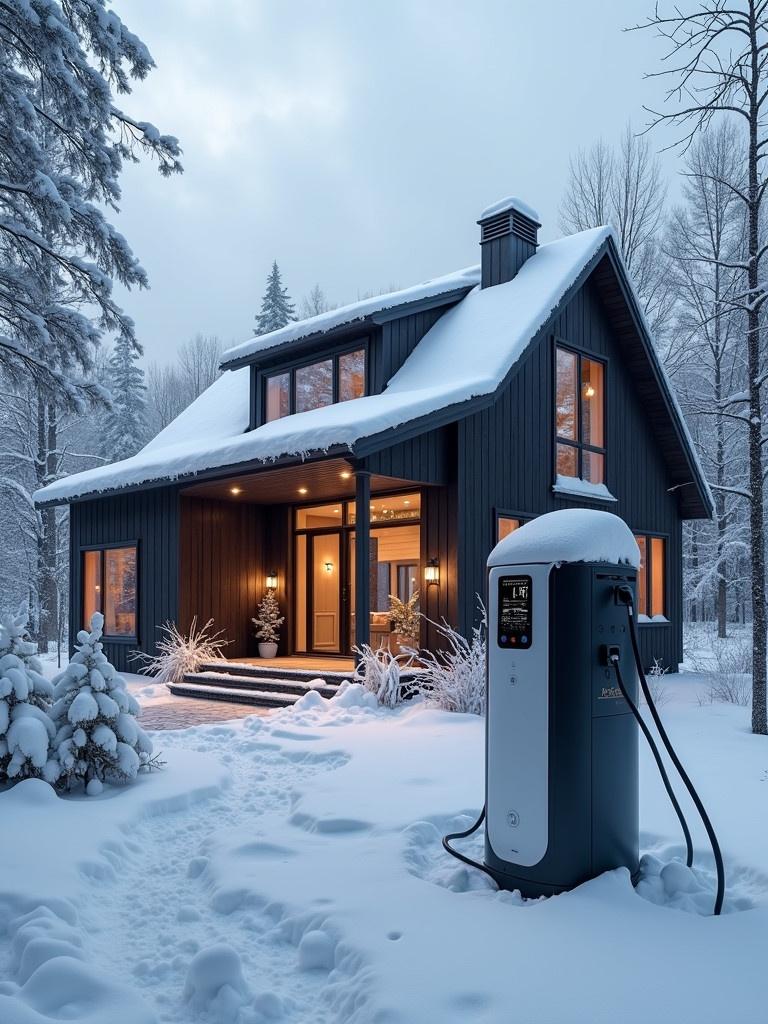 Image of a luxury home covered in snow. Electric vehicle charger stands in the foreground. House features large windows and warm lights. Solar panel is installed on the roof. Scenic winter setting with trees and snow covering the ground.