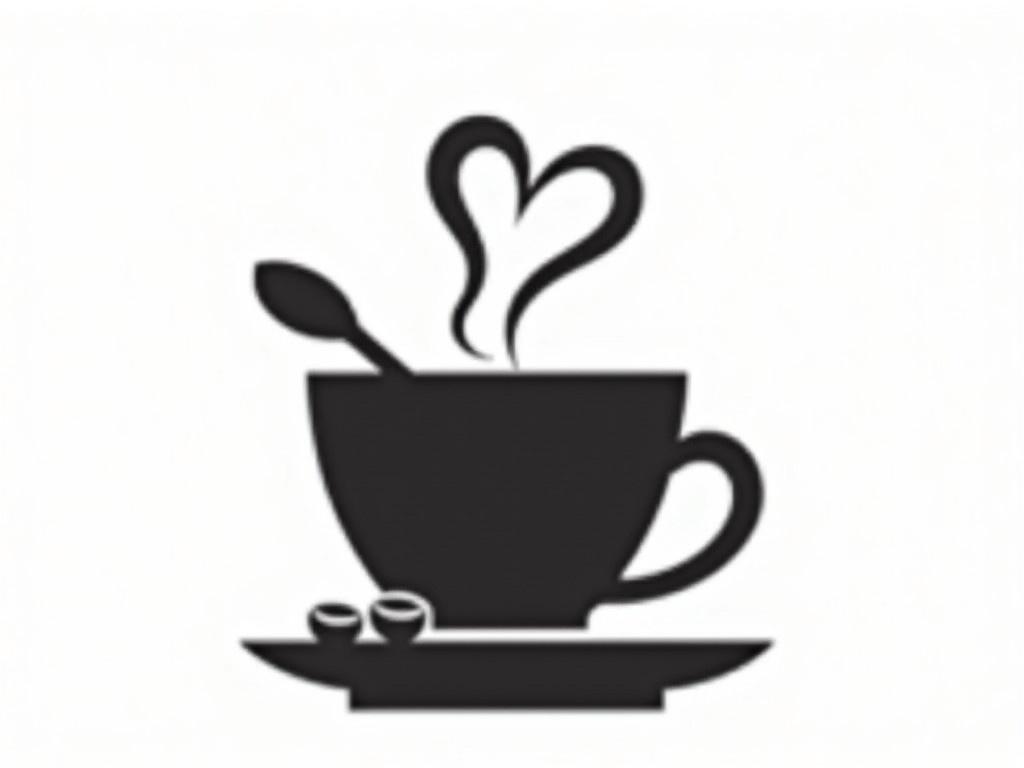 Create a stylized silhouette of a cup of coffee that symbolizes love. The cup should be depicted with an elegant swirl of steam rising above it, suggesting warmth and comfort. Include a heart shape within the steam or beside the cup, emphasizing the connection to love. Add a spoon resting on the edge of the cup, and place two coffee beans next to the cup on the saucer. The entire design should be in black and white, conveying a simple yet emotional representation of coffee love.