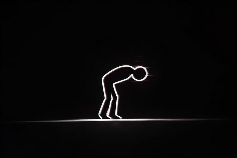 Minimalist representation of a bowed figure. Black background creates a stark focus on the outlined shape. Disturbing ambiance with VHS-style glitch effects. High-resolution with a retro CRT monitor appearance. Unsettling and surreal characteristics.