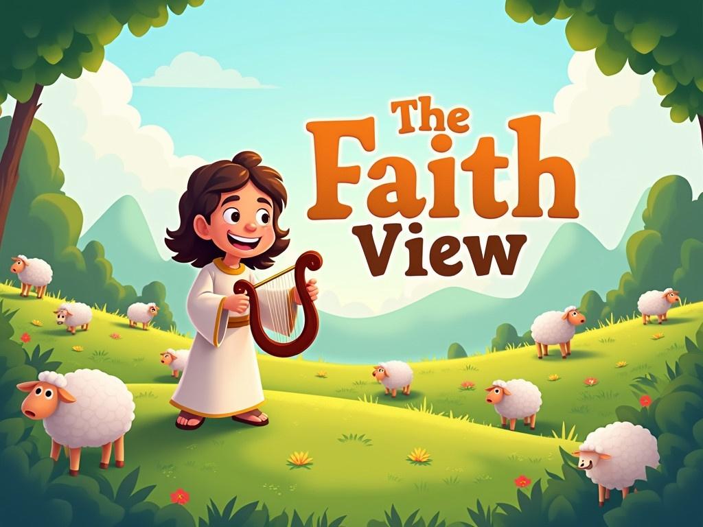 Create a cheerful cartoon illustration for a YouTube channel logo titled 'The Faith View'. The scene should depict ancient biblical times, featuring green pastures filled with fluffy sheep. Include a playful cartoon character playing a harp, representing joy and faith. Surround the character with a few other friendly biblical figures, adding to the joyful atmosphere of the scene. The text 'The Faith View' should be prominently displayed in an engaging and vibrant style.