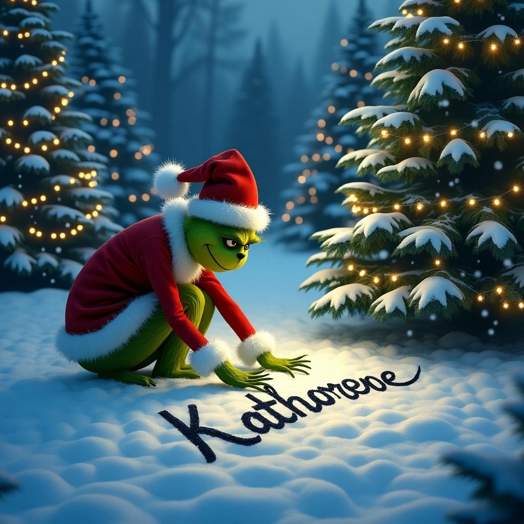 The Grinch writes Katherine's name in snow outside among Christmas trees decorated with twinkling lights. Snow covers the ground. Grinch wears a red Santa hat and outfit.