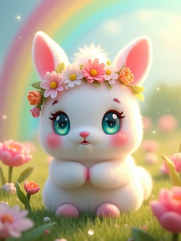 A magical bunny-like creature in a vibrant meadow. It has snow white fur with pink accents. Big turquoise eyes sparkle with curiosity. A floral crown made of colorful flowers rests on its head. The grass is lush and filled with various colorful plants. A double rainbow arcs over the scene. Lighting is soft, creating a dreamy atmosphere. The creature looks shyly excited, with its paws held together, evoking feelings of joy and innocence.