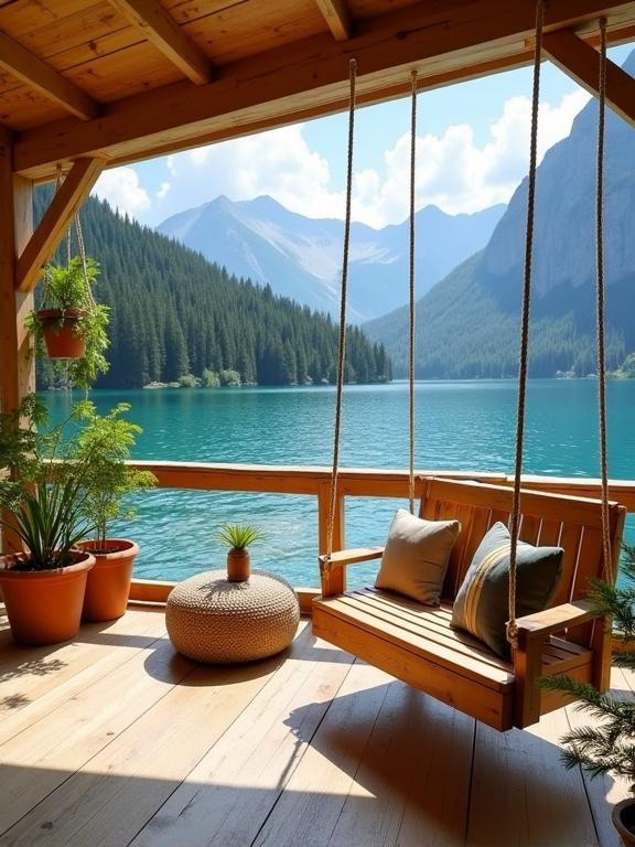 Image of a lakeside wooden cabin porch with a swing bench and a stunning alpine view. A wicker armchair and a braided pouf create a cozy seating area. Potted plants are placed around for a natural touch. Bright sunlight illuminates the scene, enhancing the warm colors and textures.