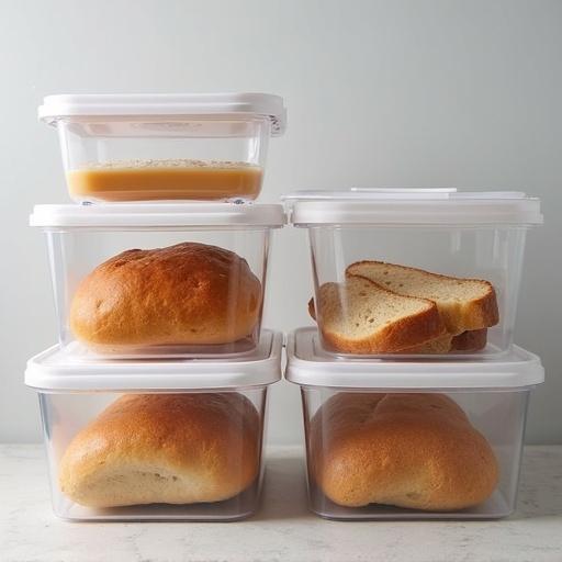 Display of closed transparent storage boxes for food on a surface near the fridge. Include a box with peanut butter and one with sliced bread. Focus on the organization of food items.