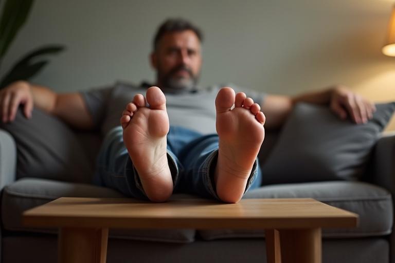 Photorealistic image of a man sitting on his sofa with feet on a coffee table. The soles of the feet are wide and meaty with short toes visible. The scene is warm and inviting.