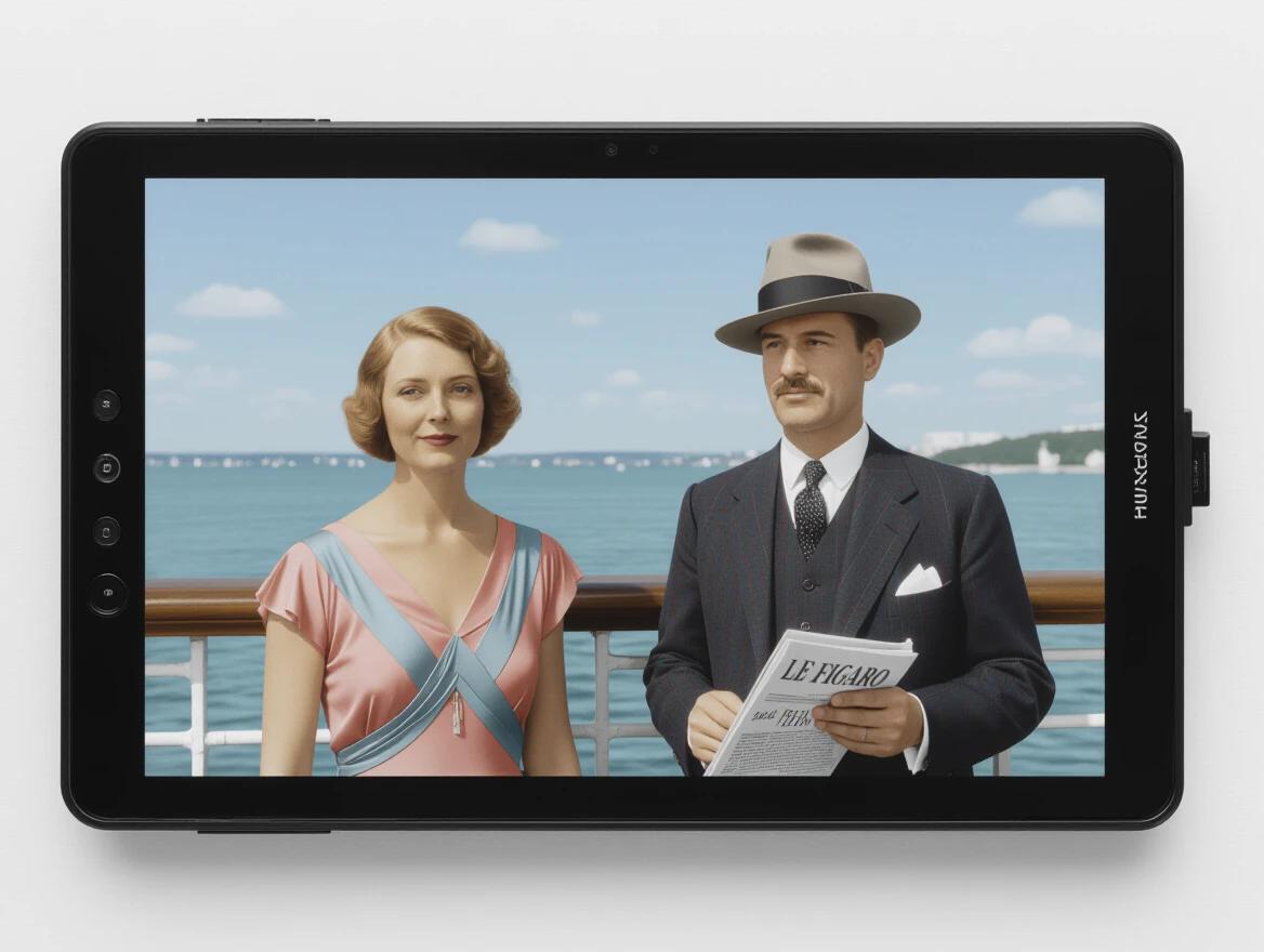 1928 scene captured aboard the SS Île de France featuring a woman and a man dressed in vintage fashion. The background includes the ocean and a clear sky. The image shows details of their outfits and a newspaper held by one man. The table features elegant serving items. The composition reflects the Art Deco style with a focus on historical accuracy.