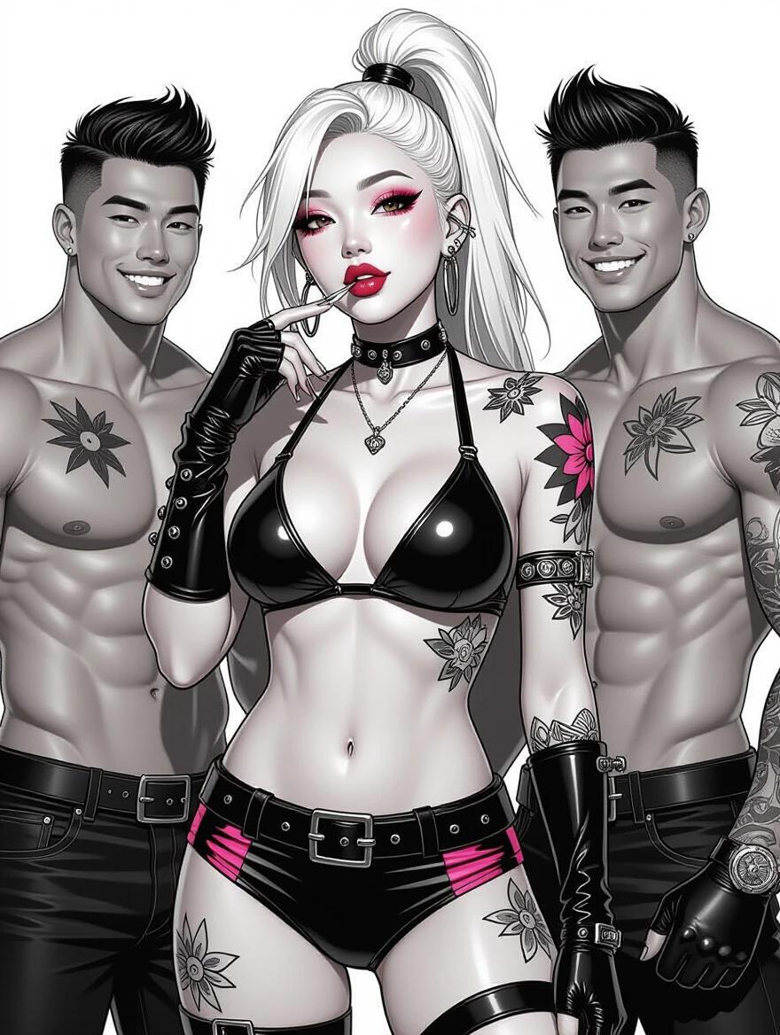 Portrait of a confident model wearing an edgy bikini. The model has a high blonde ponytail and bold makeup, accentuated with tattoos. Two muscular men stand beside, all in black and white comic style, showcasing a daring and stylish vibe.