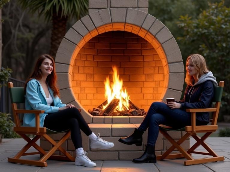 A wide shot of three young women relaxing in outdoor director’s chairs around a bright stone fireplace filled with flames. The scene includes a cozy gazebo in the background with lights, neatly stacked logs beside the fireplace, and garden furniture. The setting features lush greenery and tall trees, creating a serene atmosphere.