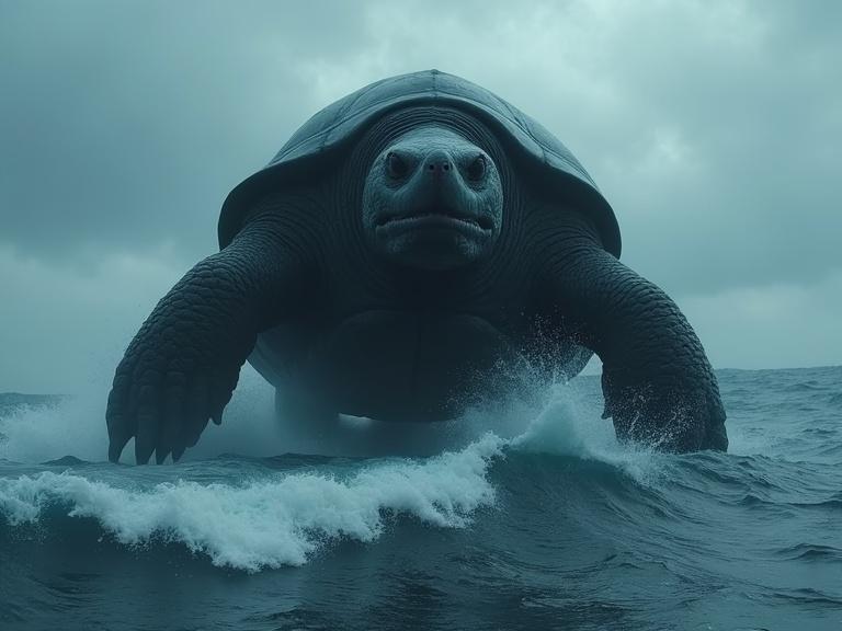 Cinematic image of a colossal tortoise partially rising from stormy ocean waters. Detailed depiction of the tortoise's textured shell and menacing features. Dark atmosphere with cloudy skies, huge waves, and mist. Noticeable drips from the shell due to the breach.