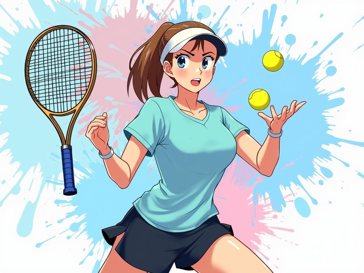 The image features a dynamic illustration of a female tennis player. She is depicted in motion, holding a tennis racket in one hand while juggling two tennis balls in the other. The background is vibrant, filled with splashes of color, including blue, pink, and yellow. The player is wearing a light blue athletic shirt and dark shorts, fully equipped for a game of tennis. Her focused expression and sporty attire highlight the intensity and excitement of the sport.