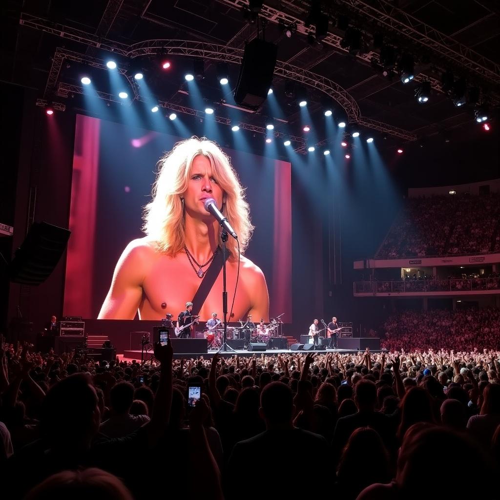 This image captures an exhilarating moment at an Aerosmith concert at Madison Square Garden. The T stage setup enhances the intimate vibe as fans cheer on. A JumboTron displays a muscular singer with shoulder-length blonde hair, adding to the visual appeal. Bright lights illuminate the stage, creating an electrifying atmosphere. The audience is engaged, capturing the essence of live rock music.