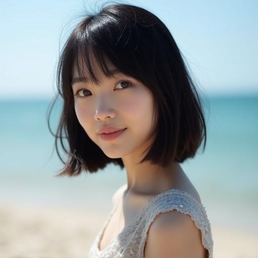 Portrait of a Japanese girl with dark straight bob hair on a sunny beach against a clear blue sky.