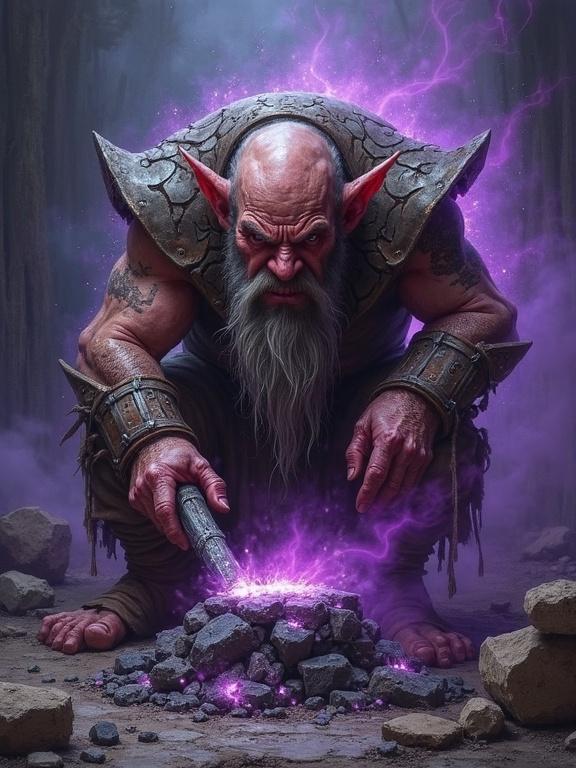 A malevolent dwarf hammers steel pieces while surrounded by a purple aura of chaos. The dwarf has a twisted form and an intense expression. He chuckles, hinting at his dark creations.